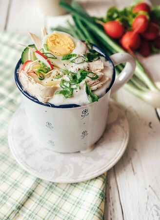 Traditional russian cold summer soup okroshkaの写真素材
