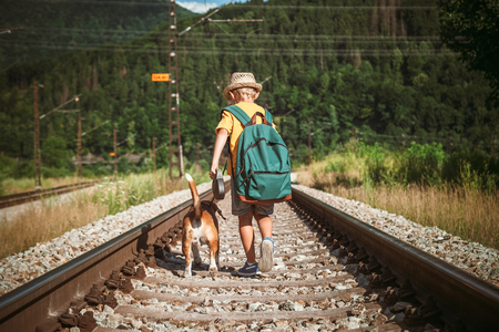 Little boy with backpack walks with beagle dog on the emty railway in forestの写真素材