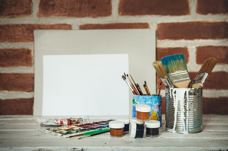 Painting props on brick wall backgroundの写真素材
