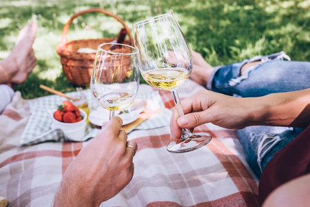 Couple in love drinks a white wine on summer picnicの写真素材