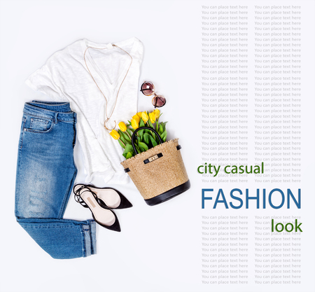 Spring summer basic denim casual city trend outfit for womanの写真素材