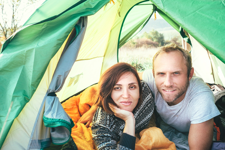 Portrait of Marriage couple meet morning in the green color tent.の写真素材