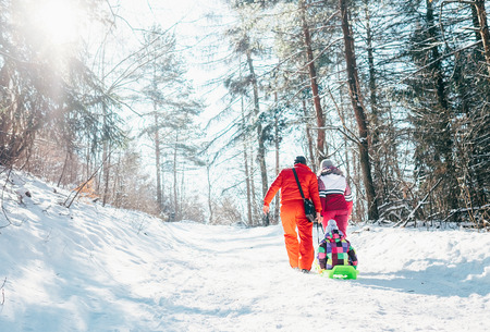Family have active walk in winter forest. Mother and father pulling the  sled with their little daughterの写真素材