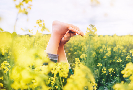 Legs up of happy female lying in deep yellow flowers meadow. Happiness in nature concept image.の写真素材