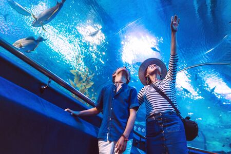 Son with his Mother watching underwater sea inhabitants in huge aquarium tunnel, showing an interesting to each otherの写真素材