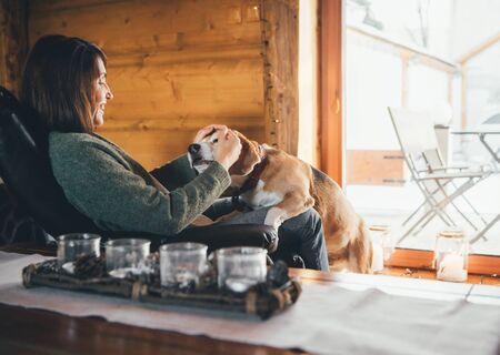 Tender scene with woman and her beagle dog in comfortable cozy country home.の写真素材