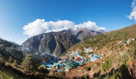 Namche Bazaar from Everest Base Camp (EBC) trekking route and snowy Kongde Ri Mountainの写真素材