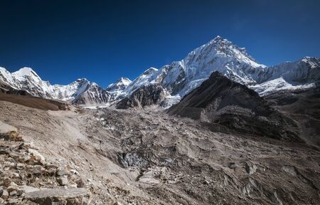 Nuptse or Nubtse mountain 7861m panorama shot with Khumbu Glacier on the foreground, Gorakshep.の写真素材