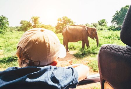 Little tourist boy looking at elephant calf and enjoying safari activities at  National Nature Park Udawalawe in Sri Lankaの写真素材