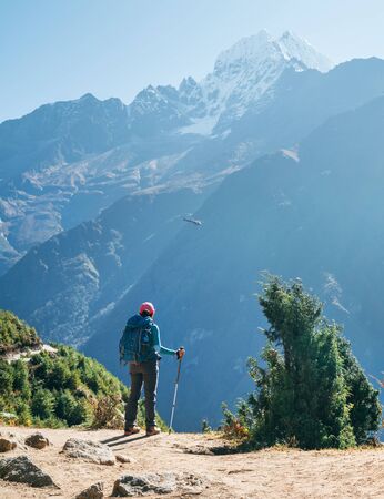Young hiker backpacker woman using trekking polesの写真素材