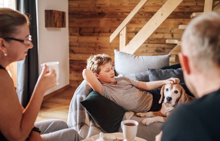 Cozy family tea time. Father, mother and son  at the home living room.の写真素材