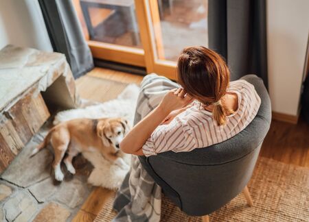 Young female sitting in comfortable chair in country house  living room and dreaming and her beagle dog lying near feetの写真素材