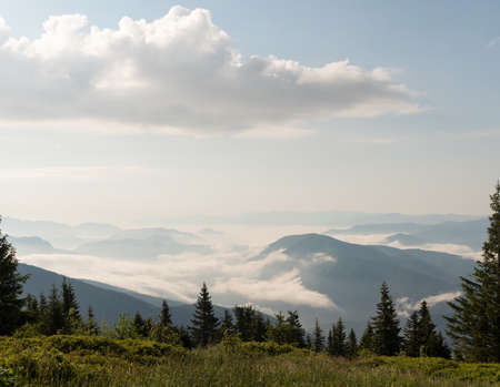 Stunning morning landscape view of the fog river flowing by the valley between the mountains. Mala Fatra mountains, Slovak Republic. の写真素材