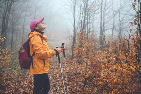 Dressed bright orange jacket young female backpacker enjoying the nature. She walking in autumn foggy forest using trekking poles. Active people and autumnal moody vacation time spending concept imageの写真素材