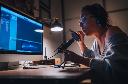Young woman in headphones recording vocal voice using microphone with pop filter and desk top computer. Home sound studio Modern audio recording technology concept image.の写真素材