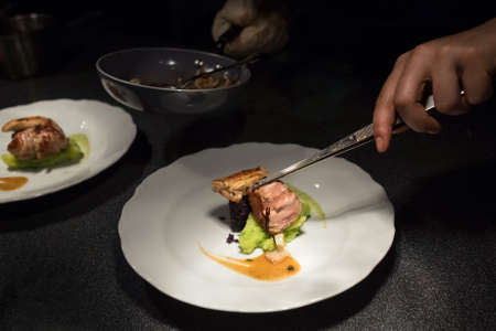 Chief cook putting Grilled meat piece using tweezers on green vegetables puree white plate with sauce. Healthy meals preparation, cooking or small business concept.の写真素材