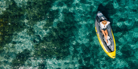 A lonely female in a straw hat smiling, relaxing lying floating in a kayak on the turquoise Adriatic Sea waves. Aerial coastal top view shot. Exotic countries vacations concept.の写真素材