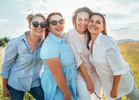 Portraits of four cheerful smiling women in sunglasses embracing and looking at camera during outdoor walking with bright sunny backlight. Woman's friendship, relations, and happiness concept imageの写真素材