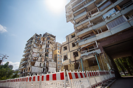 Dnipro city, Ukraine - June 22, 2023: Living Complex destroyed by russia with Kh-22 missile on 14 January. Attacks on civilians killed 46 people (including 6 children) and 80 injured in Dnipropetrovskのeditorial素材