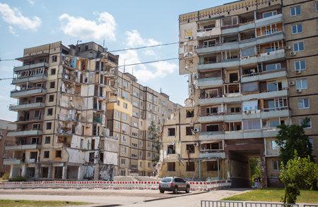 Dnipro city, Ukraine - June 22, 2023: Living Complex destroyed by russia with Kh-22 missile on 14 January. Attacks on civilians killed 46 people (including 6 children) and 80 injured in Dnipropetrovskのeditorial素材