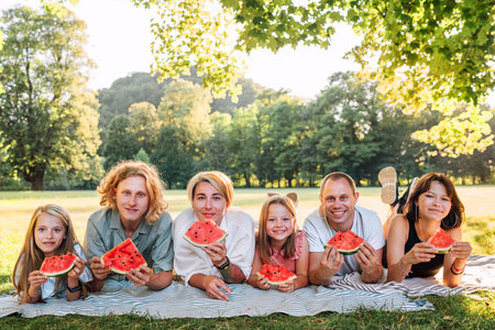 Big family lying on the picnic blanket in city park under Linden tree during weekend Sunday sunny day, smiling, laughing at camera and eating watermelon. Family values and outdoor activities concept.の写真素材
