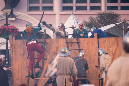 Zilina, Slovak RepubliÑ, Slovakia - July 28, 2023: Traditional annual medieval battle restoration known as a "Stredoveky den" in Zilina, Slovakia.のeditorial素材