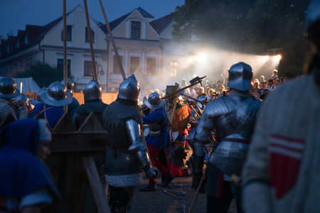 Zilina, Slovak RepubliÑ, Slovakia - July 28, 2023: Traditional annual medieval battle restoration known as a "Stredoveky den" in Zilina, Slovakia.のeditorial素材