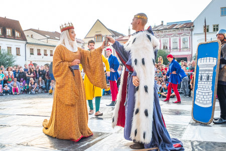 Zilina, Slovak RepubliÑ, Slovakia - July 28, 2023: Live chess figurines dressed in medieval costumes and armours during traditional annual restoration known as a "Stredoveky den" in Zilina, Slovakia.のeditorial素材