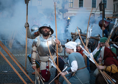 Zilina, Slovak RepubliÑ, Slovakia - July 28, 2023: Traditional annual medieval battle restoration known as a "Stredoveky den" in Zilina, Slovakia.のeditorial素材