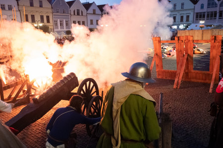 Zilina, Slovak RepubliÑ, Slovakia - July 28, 2023: Traditional annual medieval battle restoration known as a "Stredoveky den" in Zilina, Slovakia.のeditorial素材