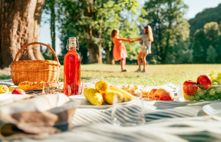 Picnic blanket with boiled corn, fruits, a bottle of juice, basket still life in city summer park with two sisters girls rotating on background holding hand in hand. Family values and outdoors conceptの写真素材