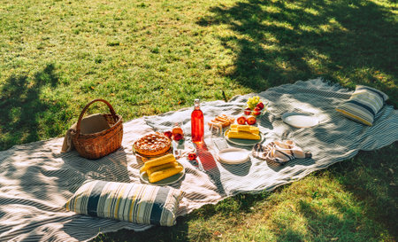 Picnic blanket with boiled corn, fruits, just backed pie, a bottle of juice, basket still life in the city summer park. No people.の写真素材
