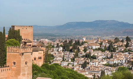 Albacin old town roofs top view from the Generalife gardens, Alhambra castle, Andalusia, Spain. Wide angle panoramic high-resolution photo.のeditorial素材