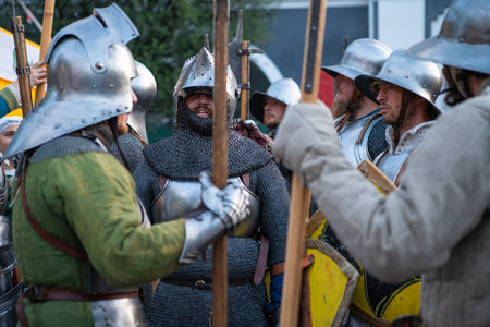 Zilina, Slovak RepubliÑ, Slovakia - July 28, 2023: Traditional annual medieval battle restoration known as a "Stredoveky den" in Zilina, Slovakia.のeditorial素材