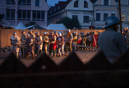 Zilina, Slovak RepubliÑ, Slovakia - July 28, 2023: Traditional annual medieval battle restoration known as a "Stredoveky den" in Zilina, Slovakia.のeditorial素材