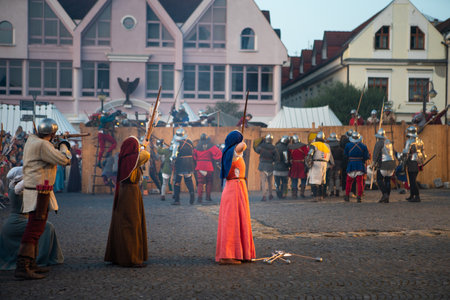 Zilina, Slovak RepubliÑ, Slovakia - July 28, 2023: Traditional annual medieval battle restoration known as a "Stredoveky den" in Zilina, Slovakia.のeditorial素材