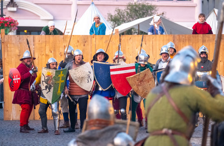 Zilina, Slovak RepubliÑ, Slovakia - July 28, 2023: Traditional annual medieval battle restoration known as a "Stredoveky den" in Zilina, Slovakia.のeditorial素材