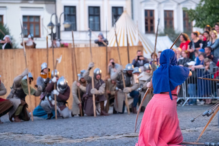 Zilina, Slovak RepubliÑ, Slovakia - July 28, 2023: Traditional annual medieval battle restoration known as a "Stredoveky den" in Zilina, Slovakia.のeditorial素材