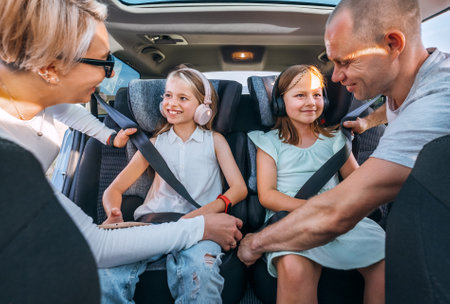 Inside car photo of mother and father fastening with safety auto belts their little daughters girl sitting in child seat and listening headphones. Family values, traveling and technology concept.の写真素材