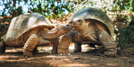 Couple of Aldabra giant tortoises endemic species - one of the largest tortoises in the world in zoo Nature park on Mauritius island. Huge reptiles portrait. Exotic animals, love and traveling conceptの写真素材