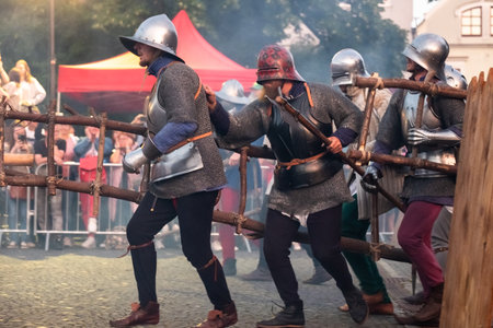 Zilina, Slovak RepubliÑ, Slovakia - July 28, 2023: Traditional annual medieval battle restoration known as a "Stredoveky den" in Zilina, Slovakia.のeditorial素材