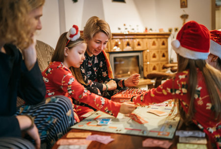 Mother with son and daughters kids playing together table board game, wearing Christmas hats. Cozy pre Christmas evening time moment. Family values, board games and X-mas celebration concept.の写真素材