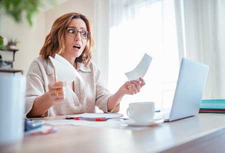 Beautiful middle-aged woman in glasses extremely surprised higher family expenses gazing at paper bills and laptop home office. Small business troubles, utilities costs or money savings concept imageの写真素材