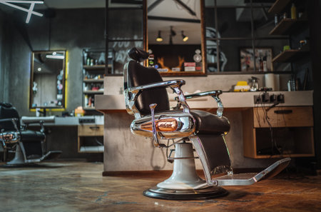 Stylish Hairdressing Studio with Vintage Flair, Classic Armchair Seat â fusion of Small Business Luxury and Professional Service in Retro Loft Setting. Haircare services local small businesses conceptの写真素材