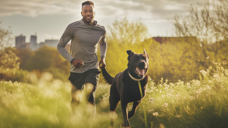 Jogging happy smiling black man with his black dog in the early morning. Active healthy lifestyle, friendship, cute pets concept image.の素材