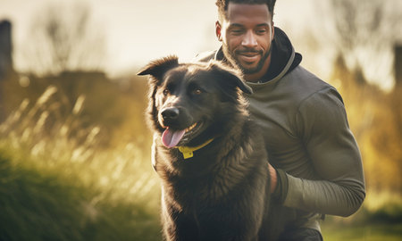 Smiling happy black man portrait with his black furry dog in the early morning while they resting on Jogging. Active healthy lifestyle, friendship, cute pets concept image.の素材