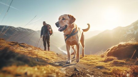 Beautifull sunset golden hour light photo of labrador cute dog during evening walk on the green mountains hills with owner on background. Lovely pets, animals and active life concept photo.の素材