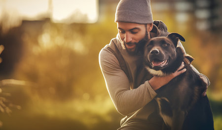 Smiling happy black man portrait with his black furry dog in the early morning while they resting on Jogging. Active healthy lifestyle, friendship, cute pets concept image.の素材