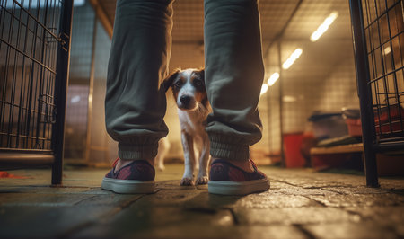 Lonely helpless mongrel homeless dog abandoned and new owner between steel cages in animal shelter. Help to pets and adoption animals, friendship and human kindness concept image.の素材