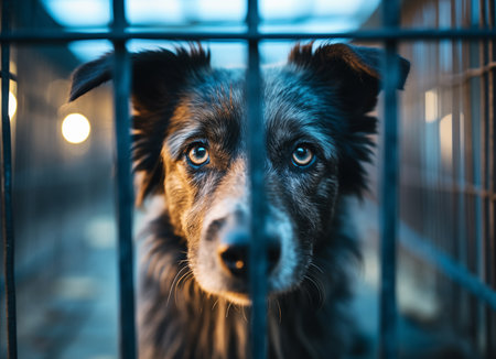 Portrait of lonely helpless homeless dog abandoned in animal shelter sitting in a steel cage and gazing at camera. Help to pets and animals, friendship and human kindness concept image.の素材